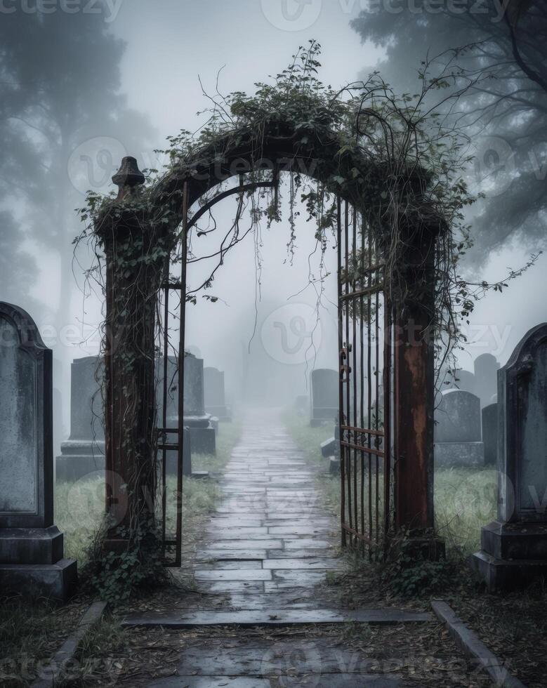 A gate to a cemetery with a foggy gate photo