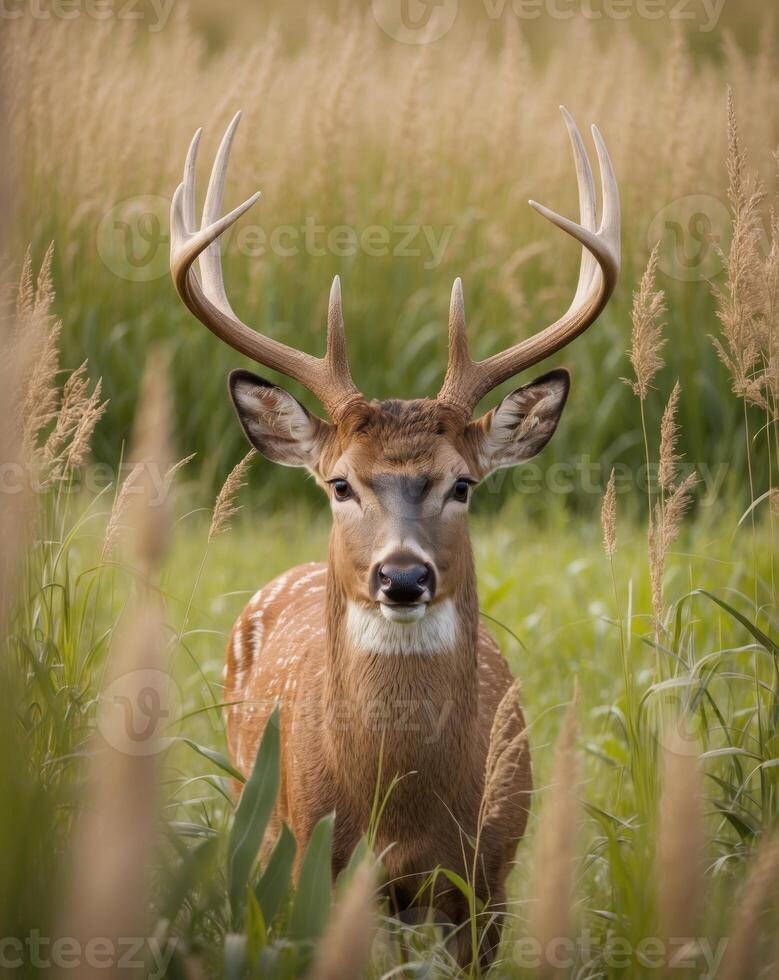 A deer with antlers is standing in tall grass photo