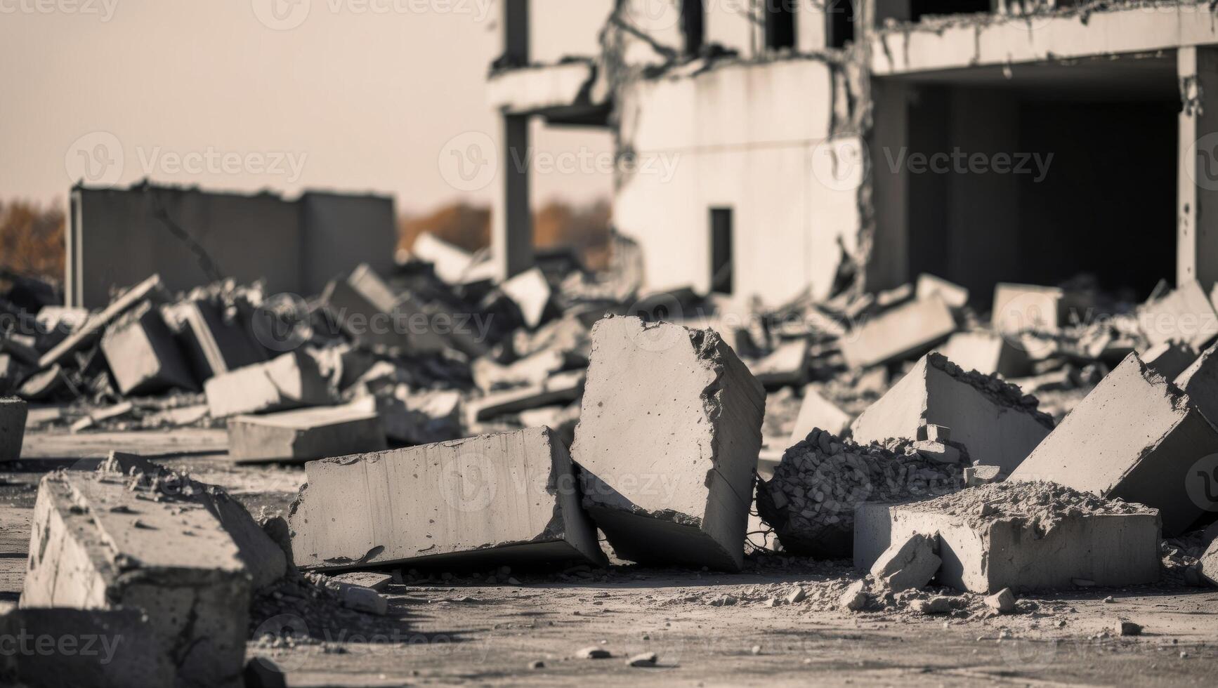 A pile of rubble in front of a building photo