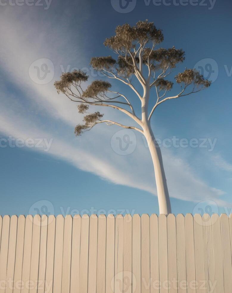 A tree stands in front of a white fence photo