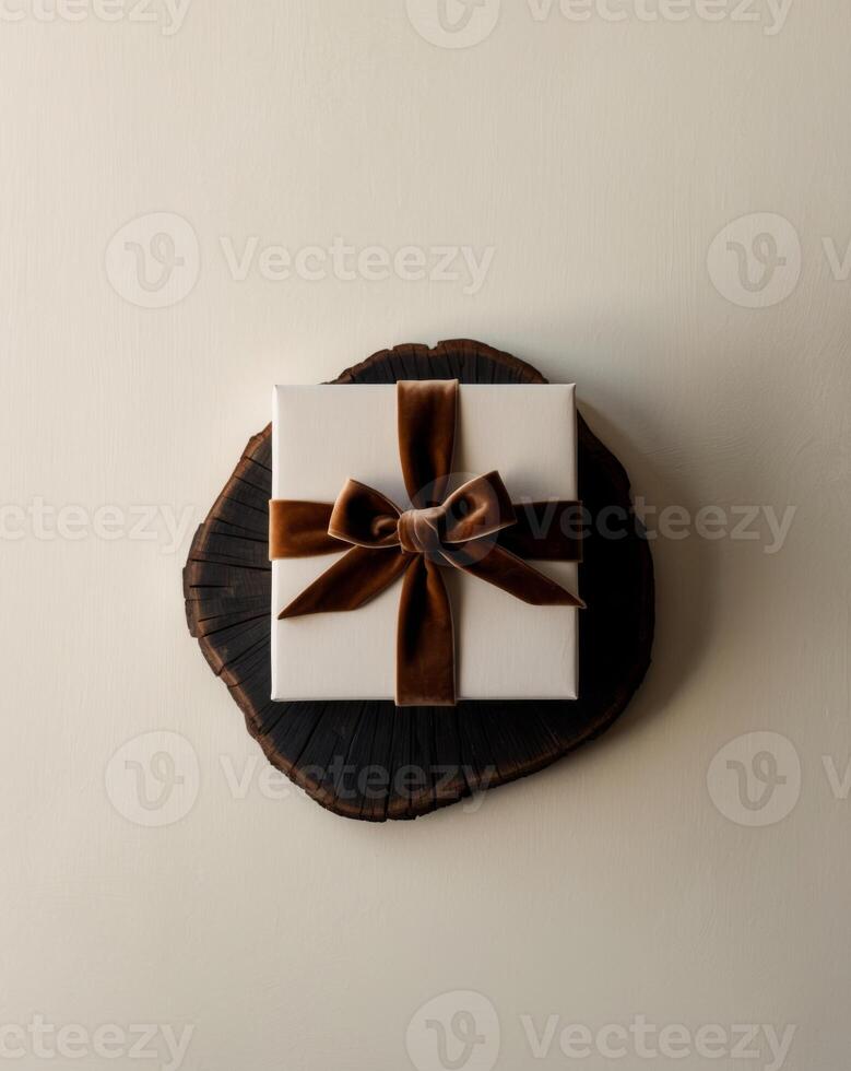 A white gift box with brown ribbon on a wooden plate photo
