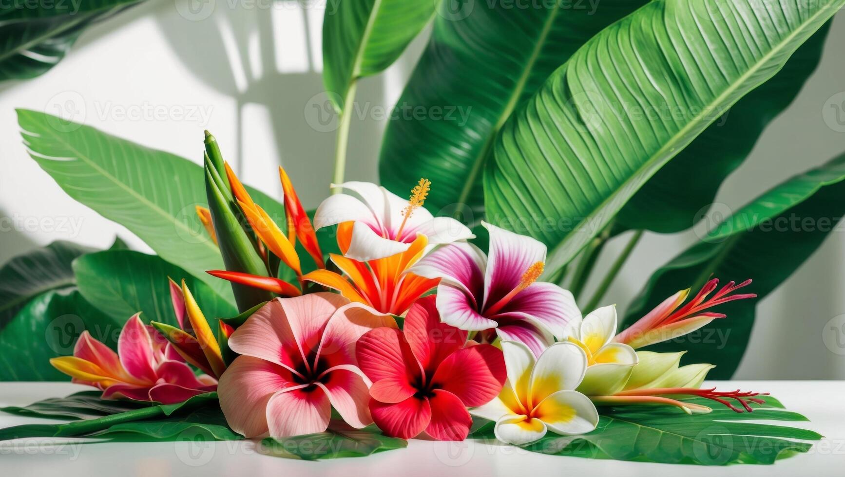 A bouquet of tropical flowers on a table photo