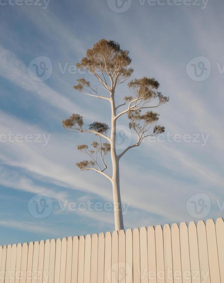 A lone tree stands in front of a white fence photo
