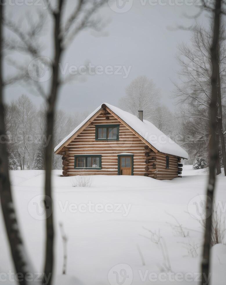 A log cabin in the snow photo