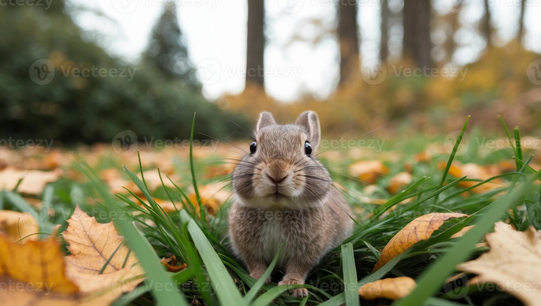 A small rabbit sitting in the grass with leaves photo