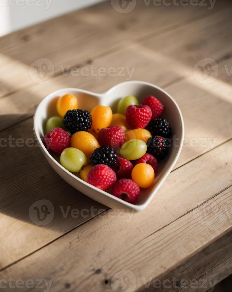 A bowl of fruit in a heart shape photo