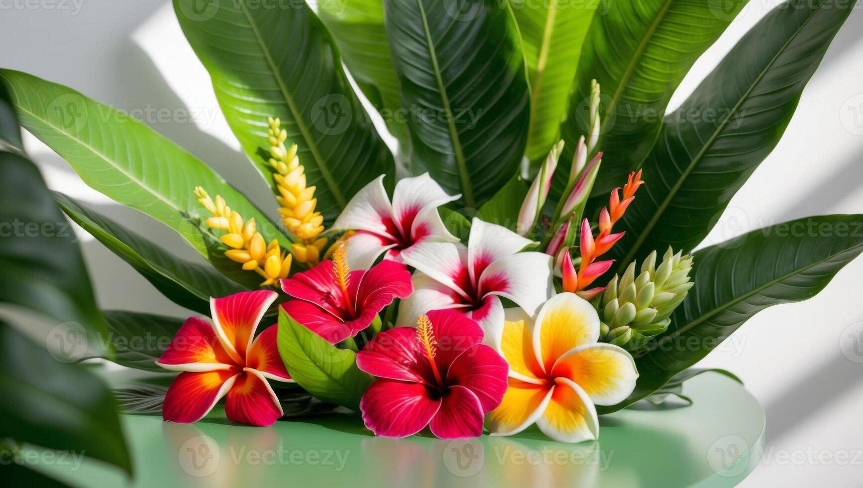 A green vase with colorful flowers and leaves photo
