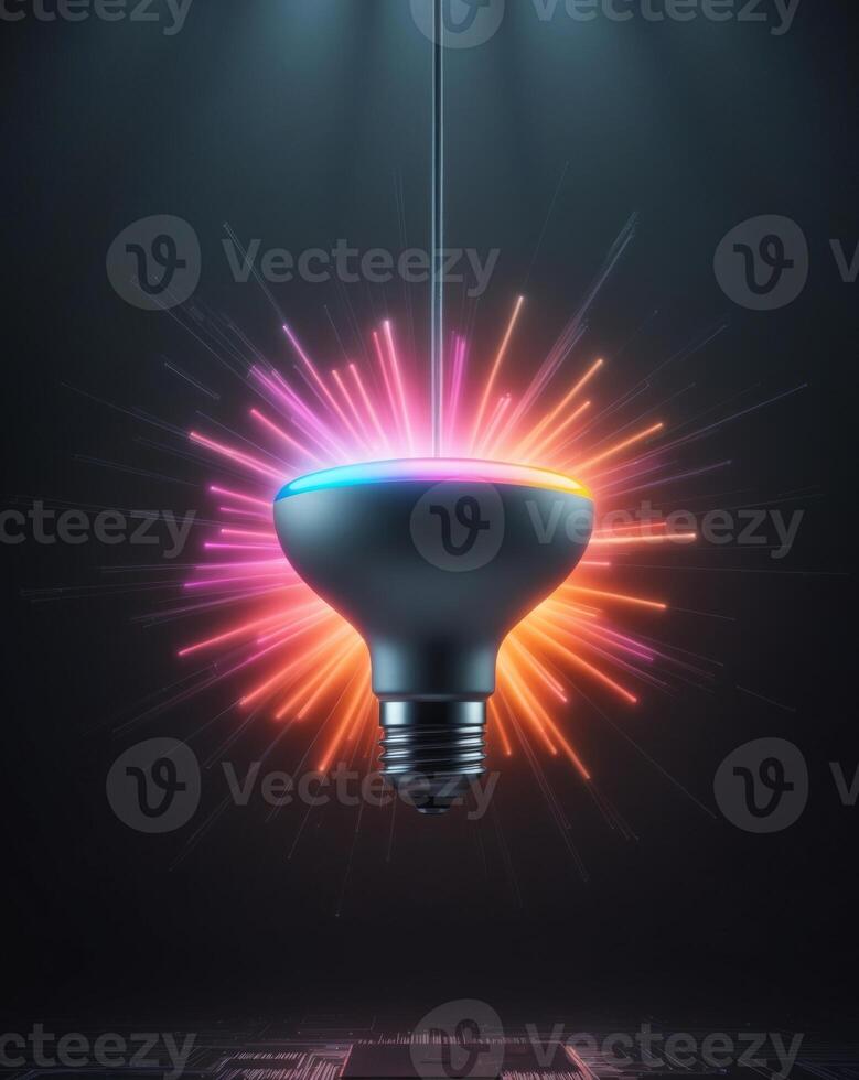 A light bulb with colorful light coming out of it photo