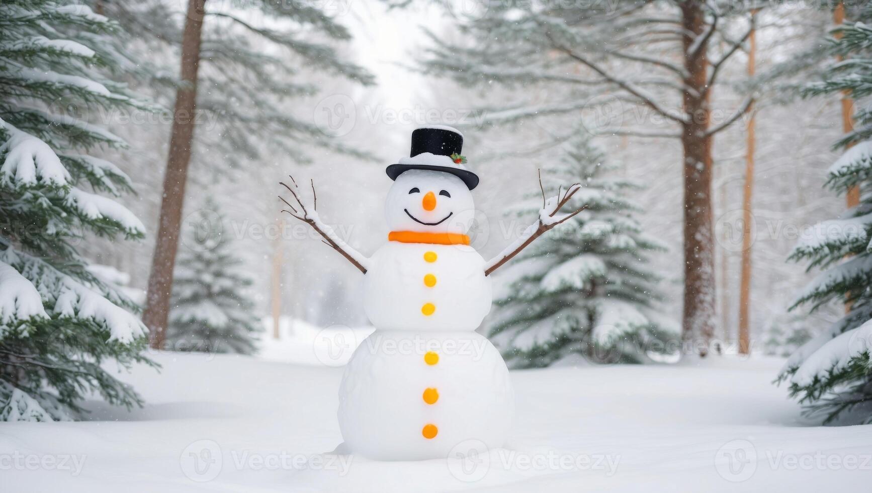 A snowman standing in the middle of a snowy forest photo