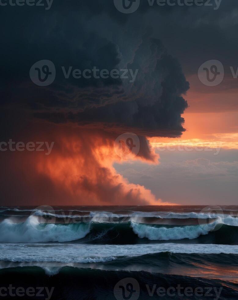 A stormy sky over the ocean with waves crashing into the shore photo