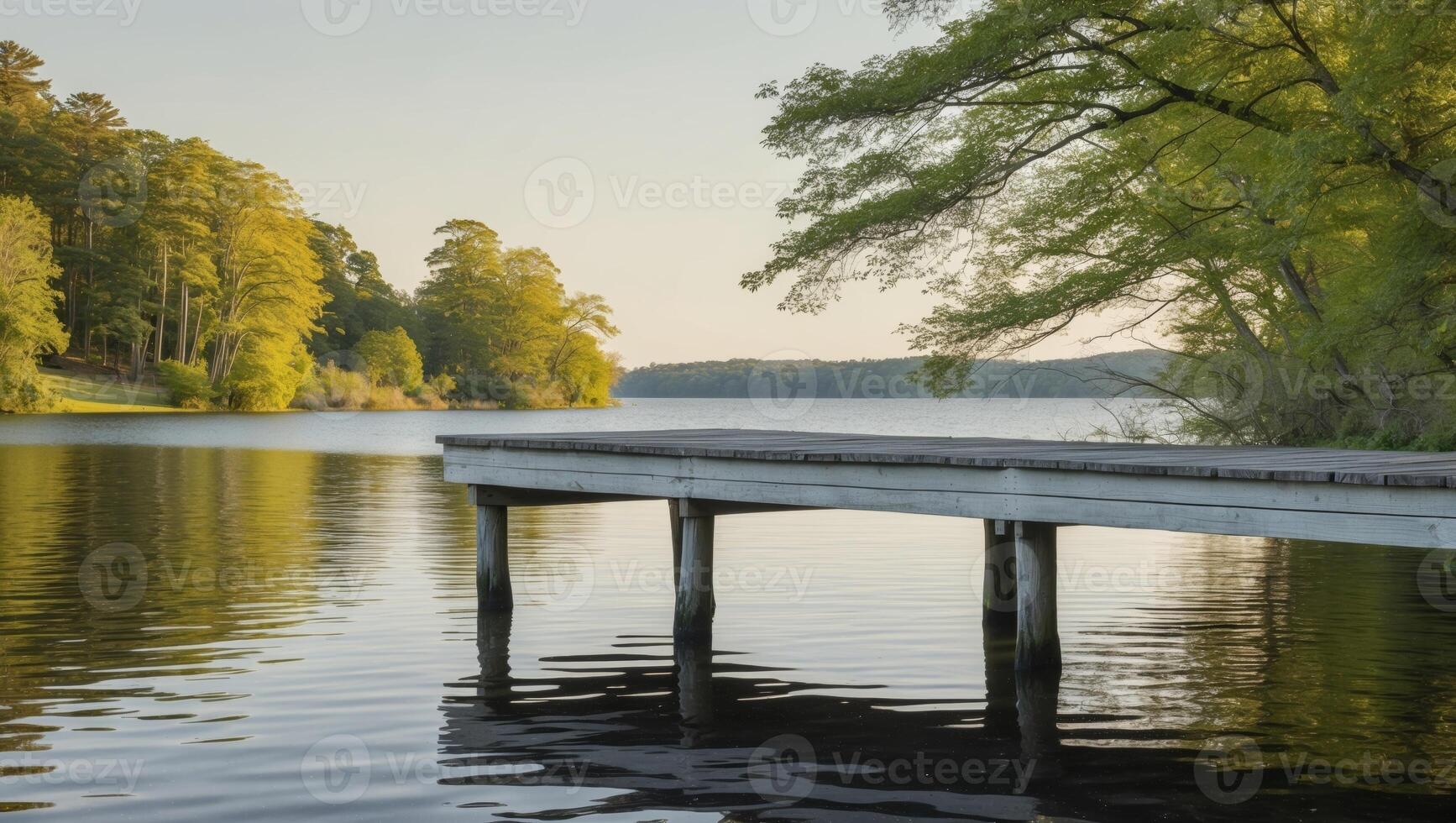 A dock on a lake with trees and water photo