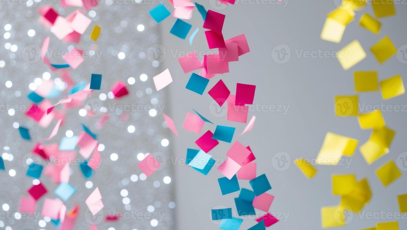 A group of colorful paper confetti falling from the ceiling photo
