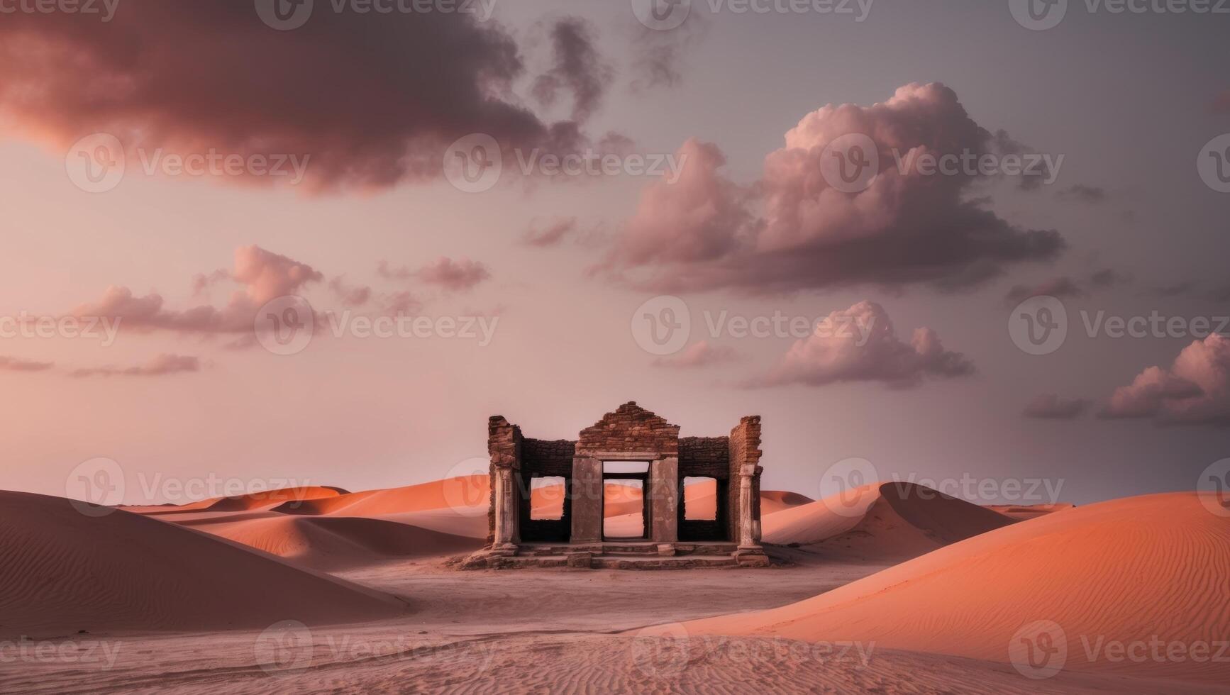 An ancient ruin in the desert at sunset photo