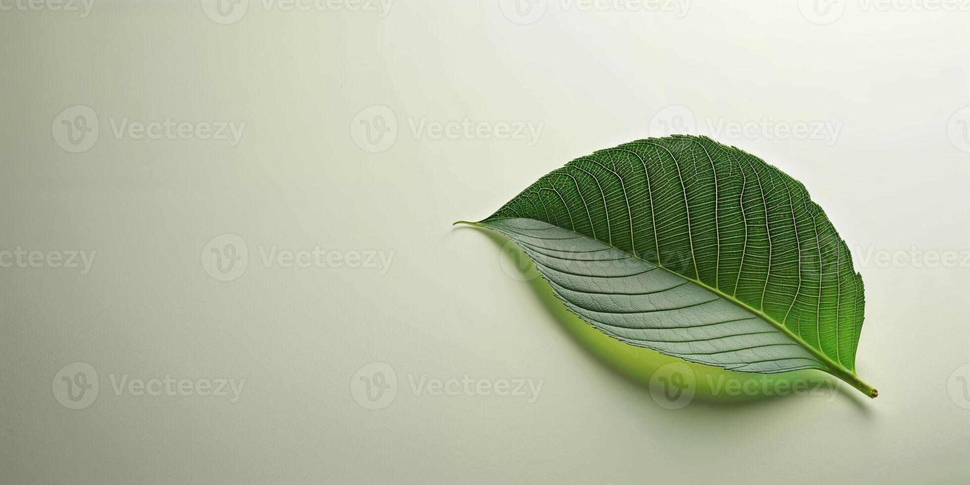A green leaf is shown on a white background photo
