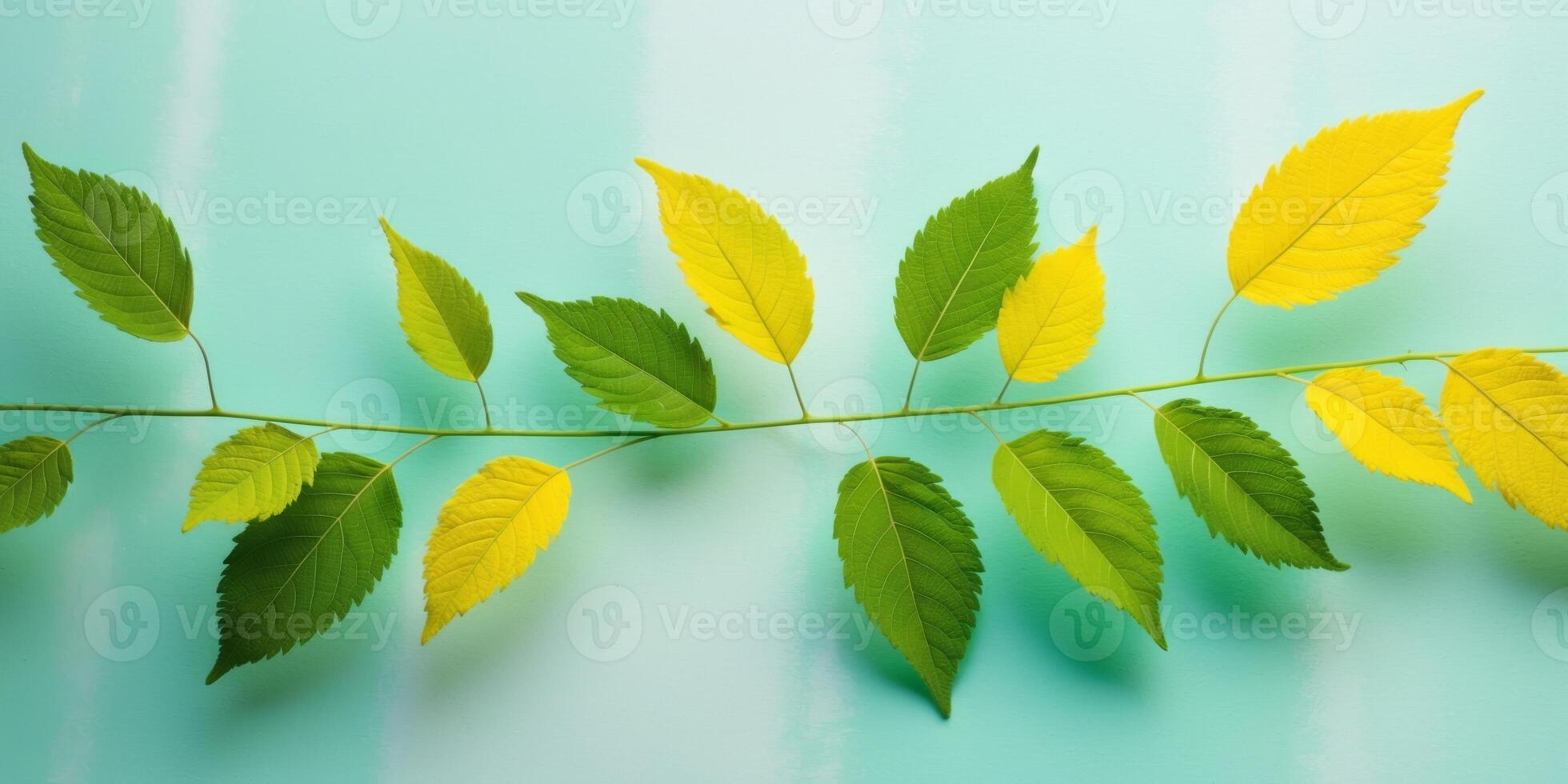 Yellow and green leaves on a blue background photo