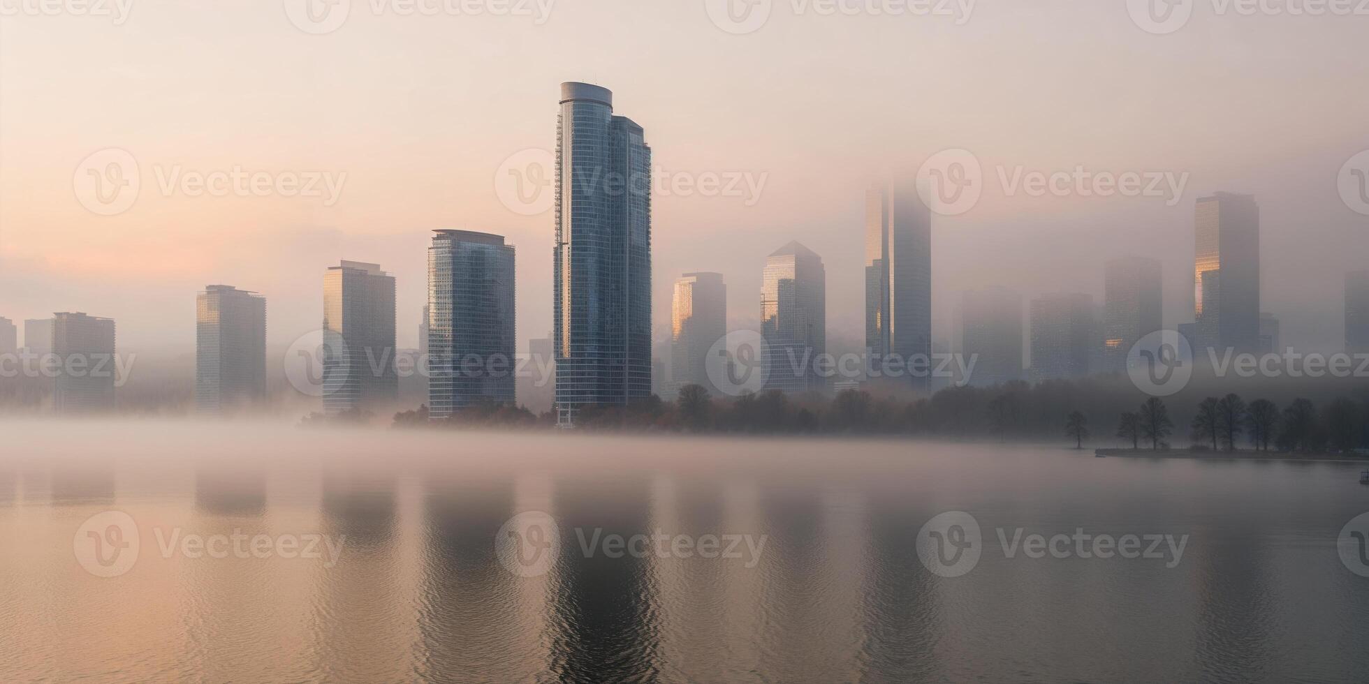Foggy city skyline in the morning photo