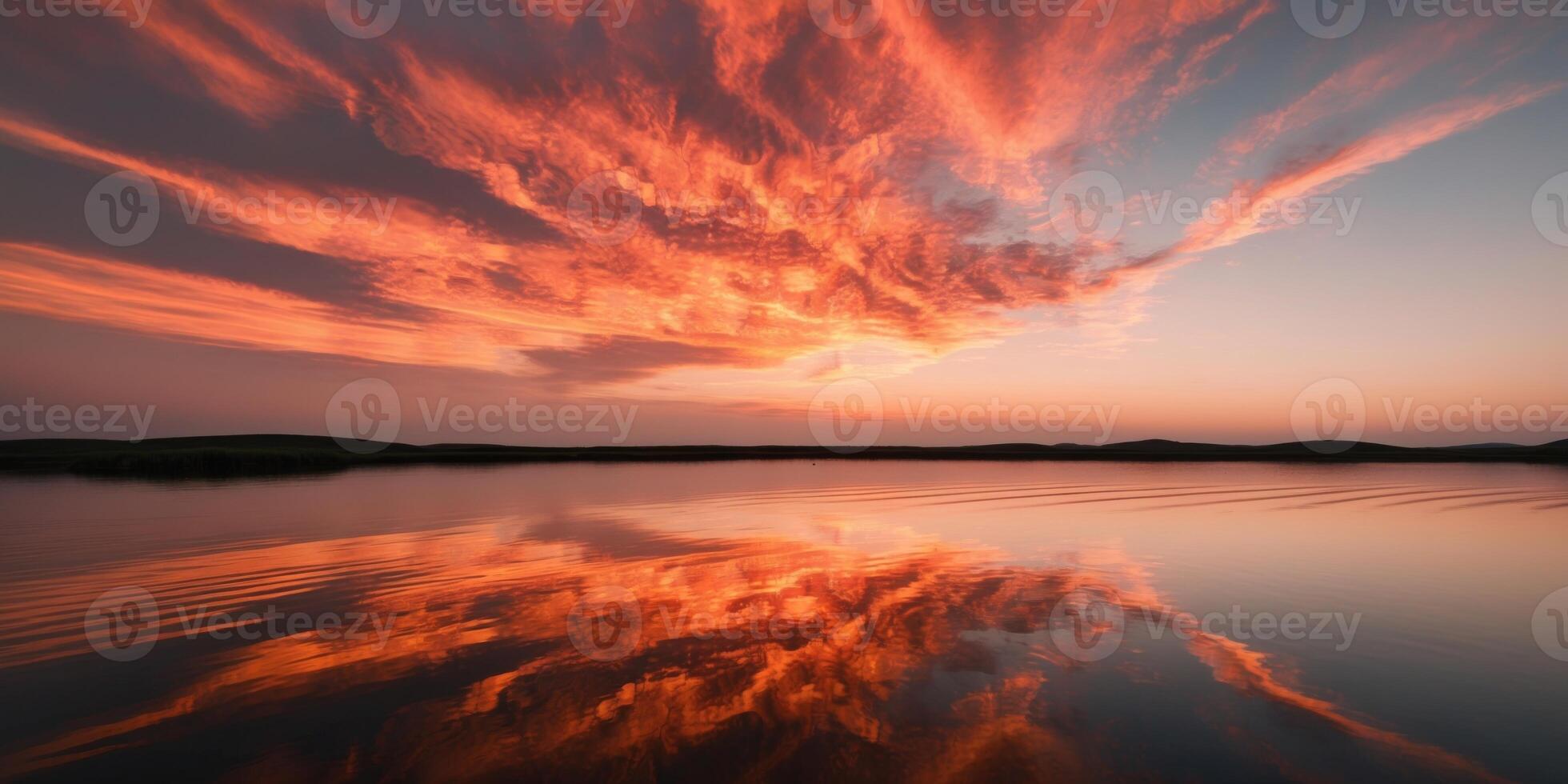 A sunset over a lake with clouds reflected in the water photo