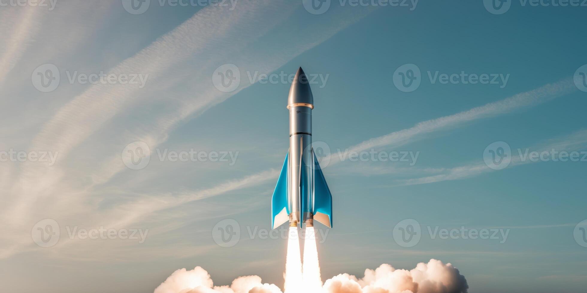 A rocket is taking off into the sky photo