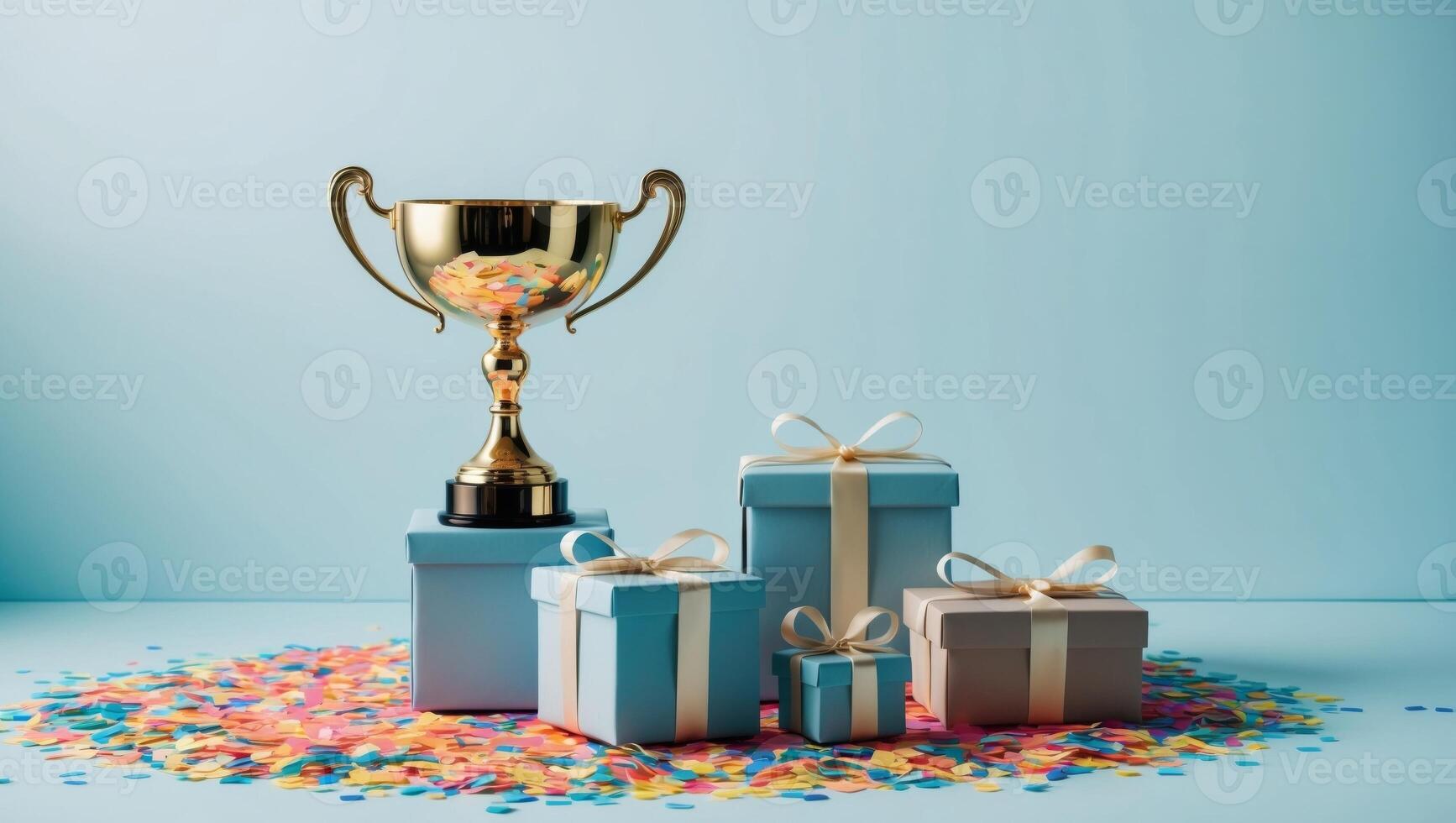 Gold trophy cup and gift boxes on blue background photo
