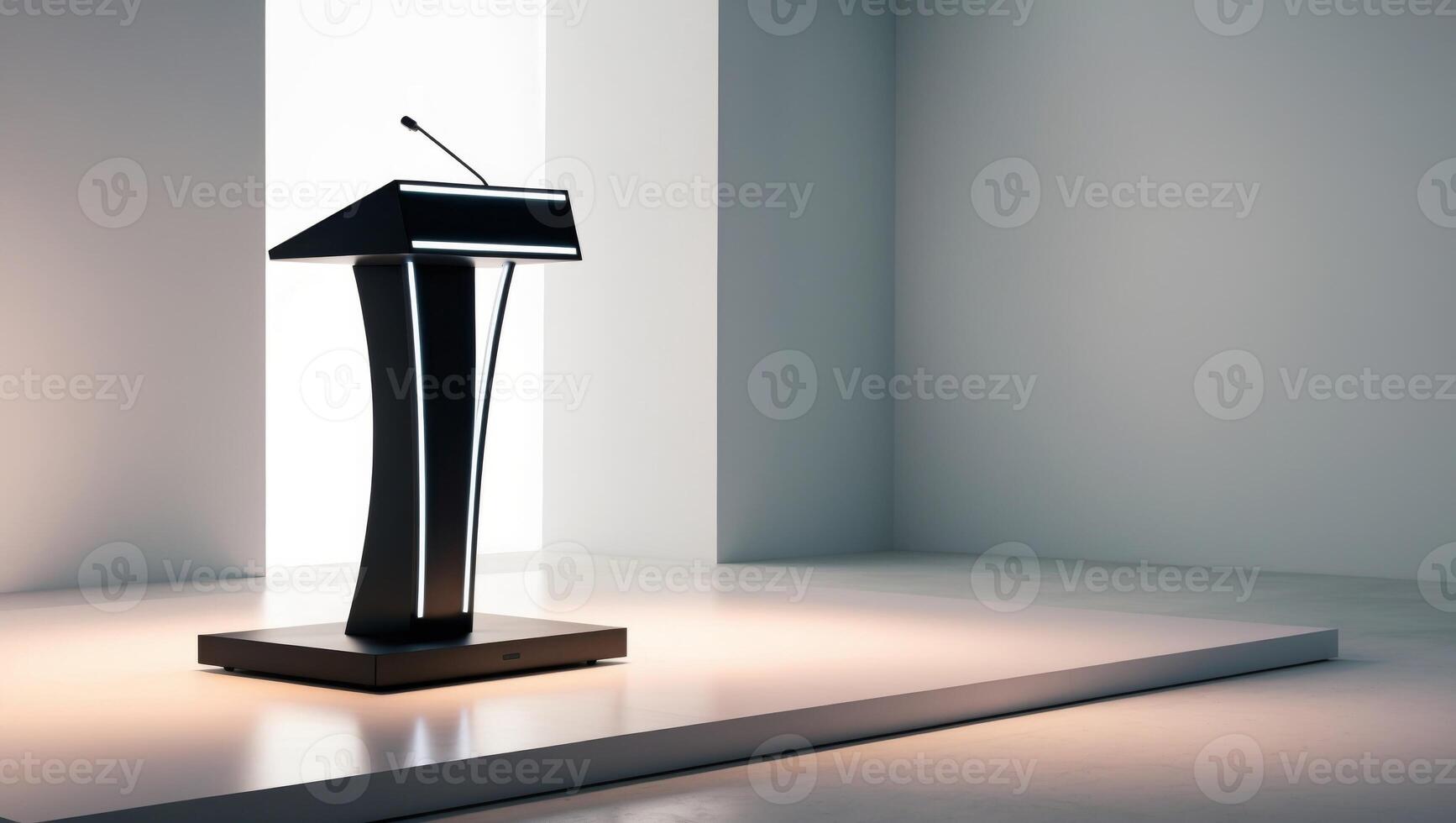 A podium is in front of a white wall photo