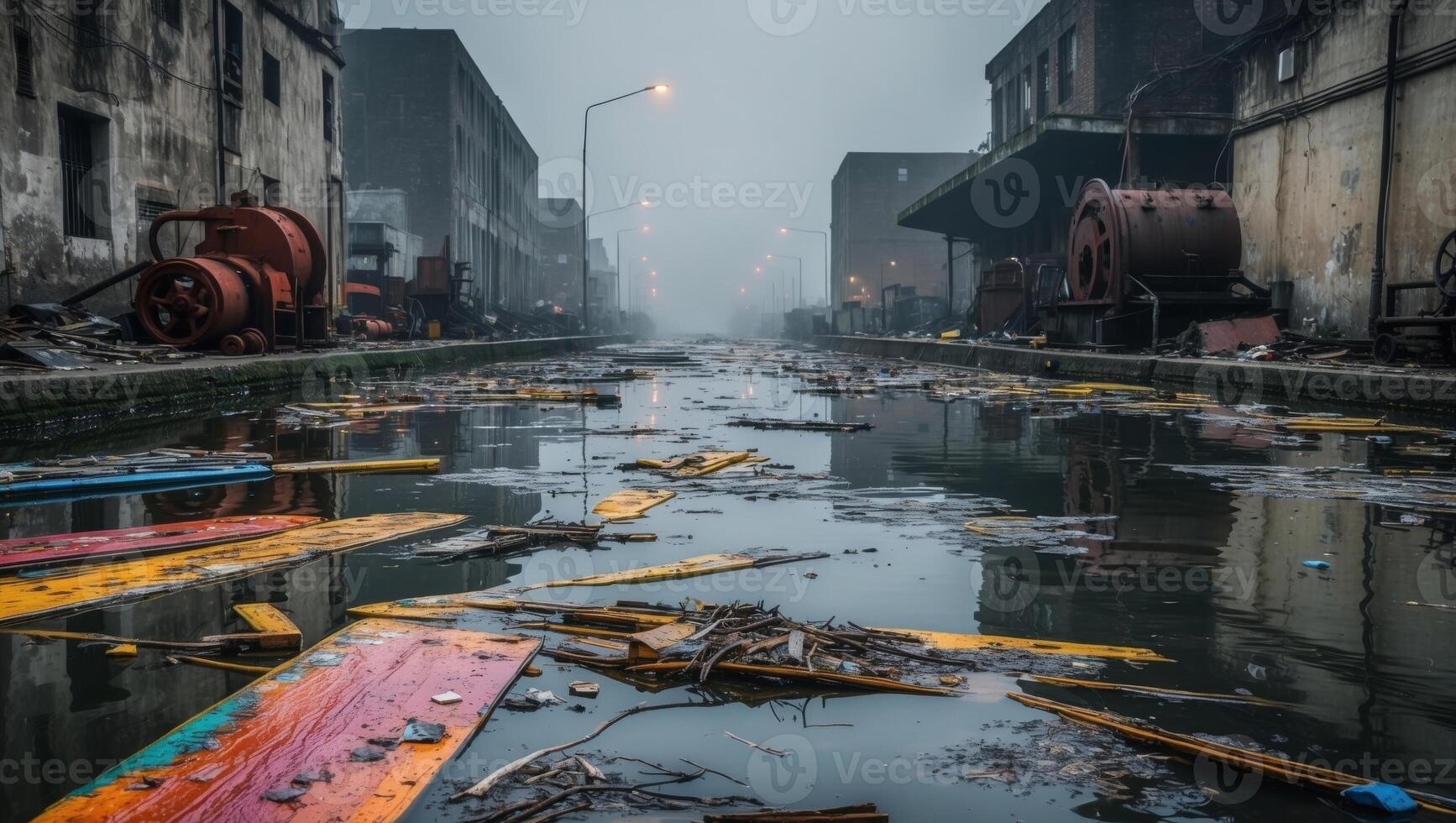 A dirty canal with debris and trash photo