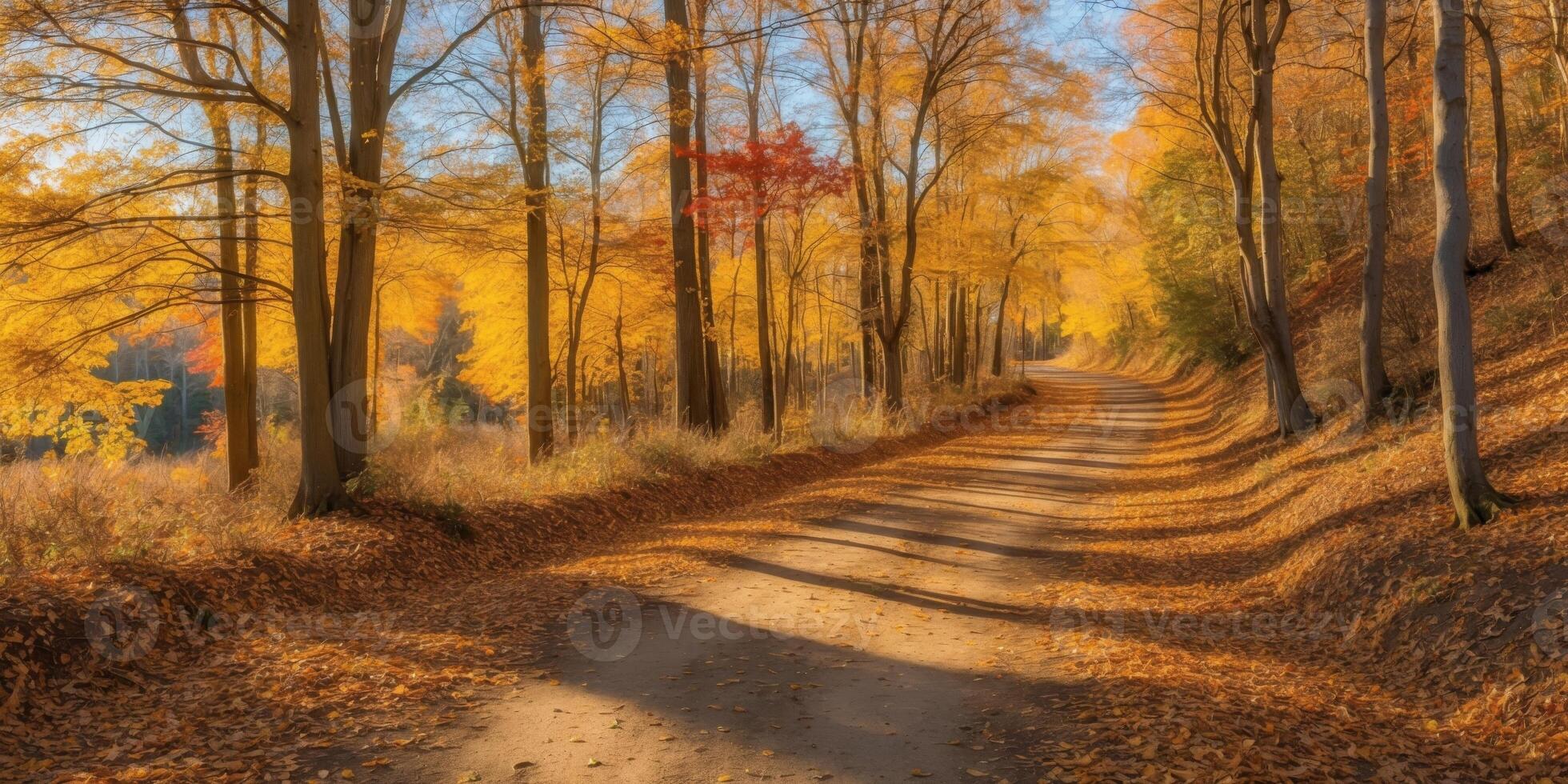 Autumn road in the forest with trees and leaves photo