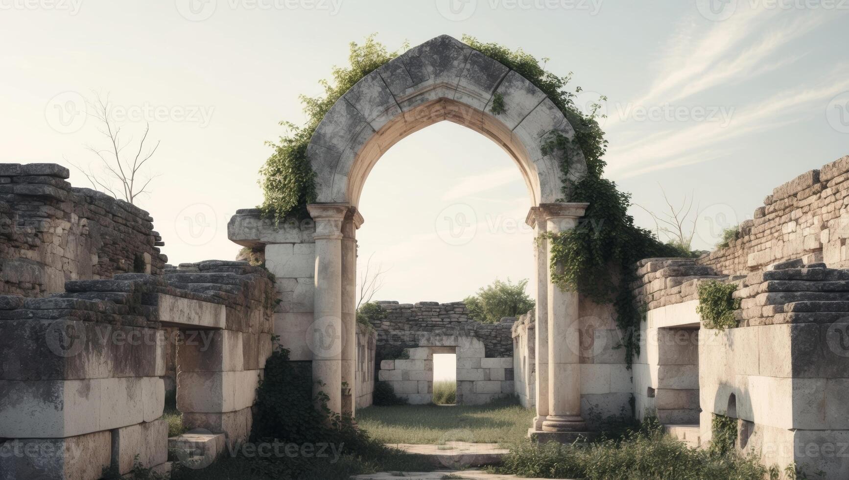 An archway in an old stone building with vines growing through it photo