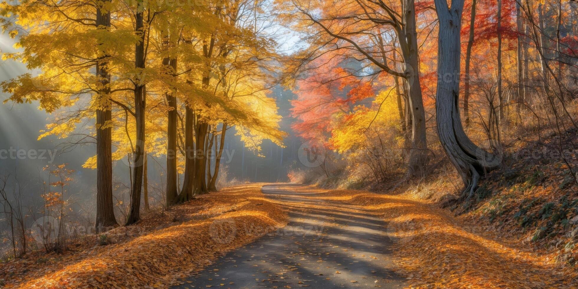 Autumn road in the forest with trees and leaves photo