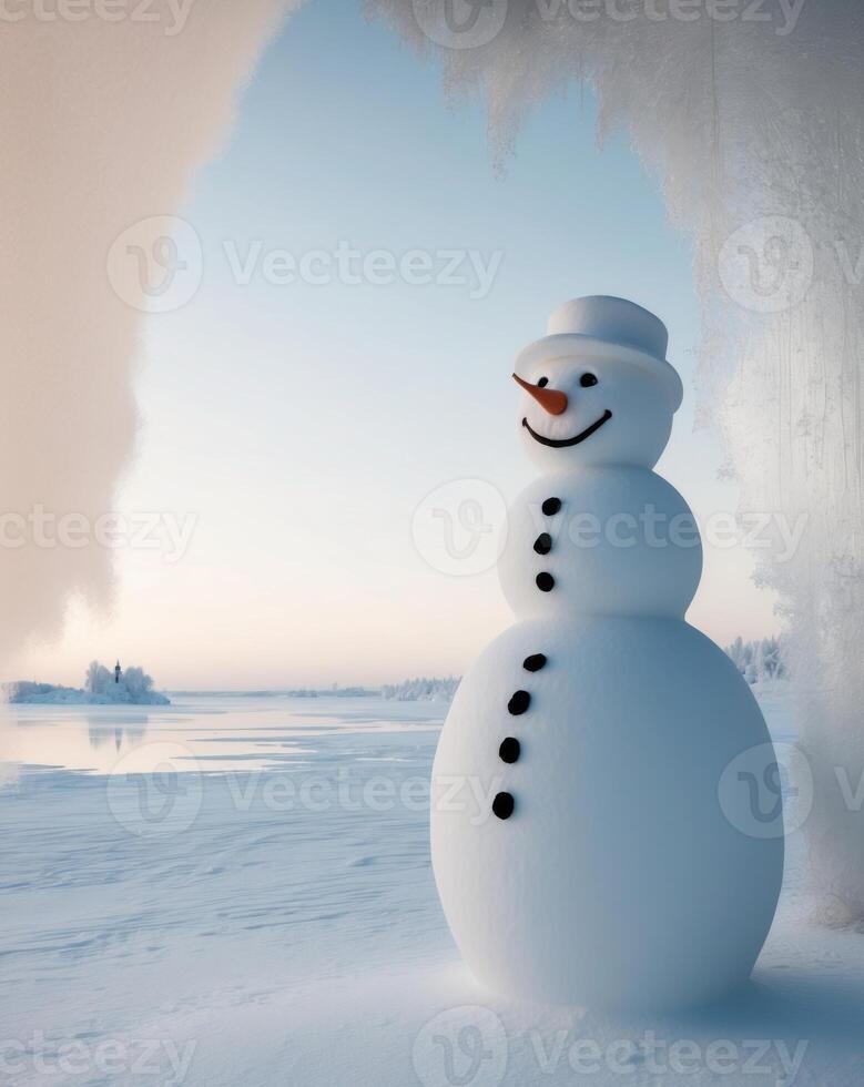 A snowman standing in front of a cave photo