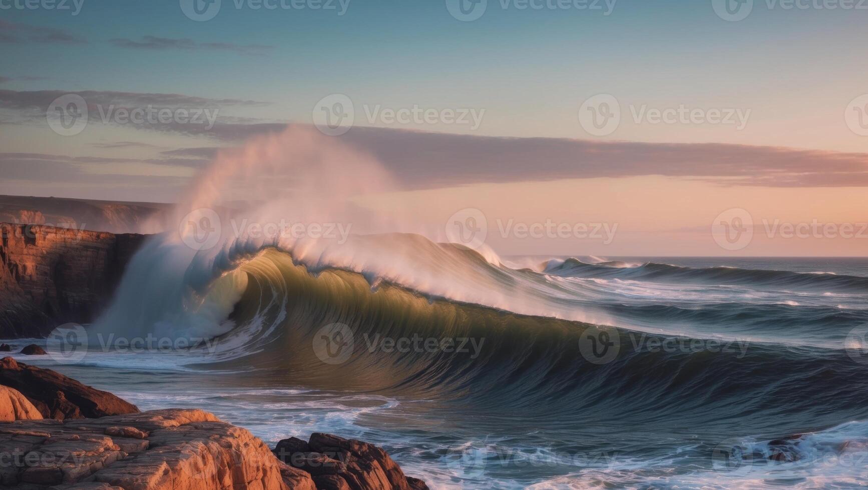 A large wave breaking on the rocks at sunset photo