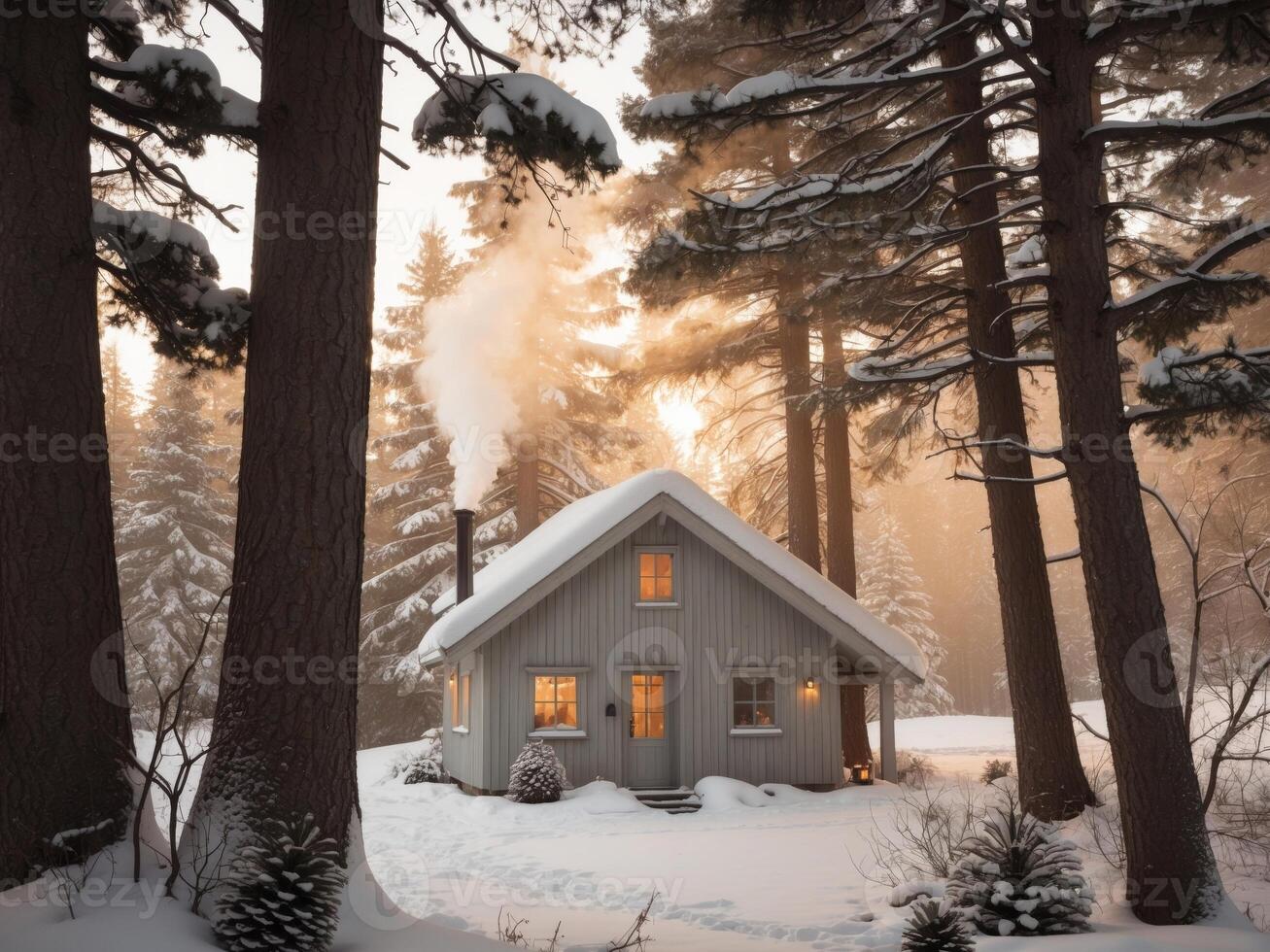 A small cabin in the woods with snow on the ground photo