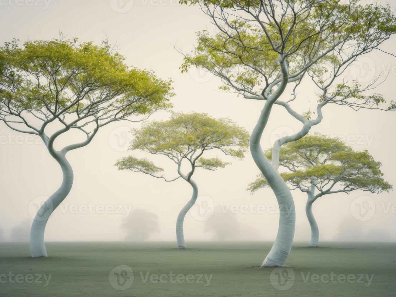Three trees in a foggy field photo