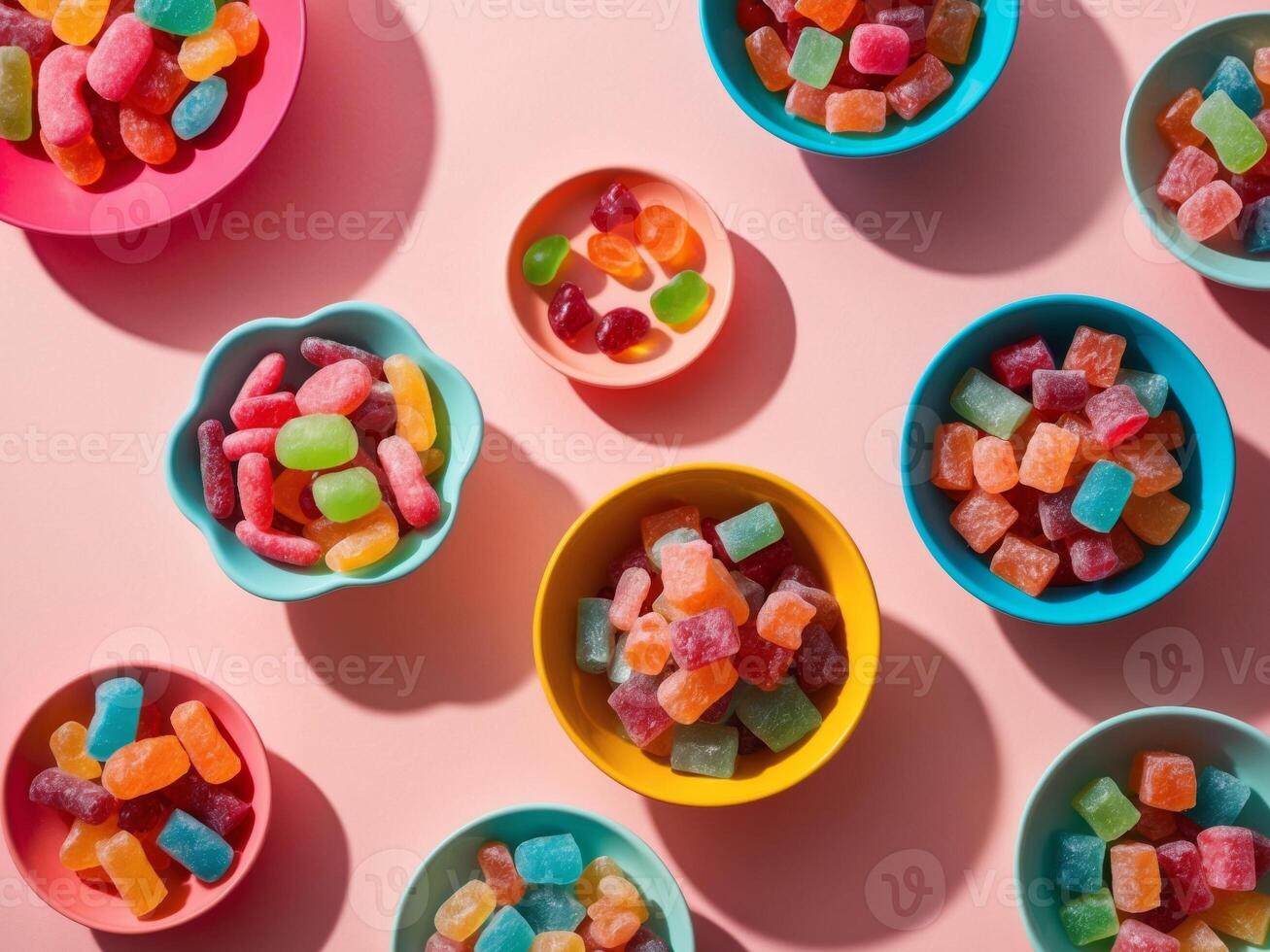 Colorful bowls of gummy bears on a pink background photo