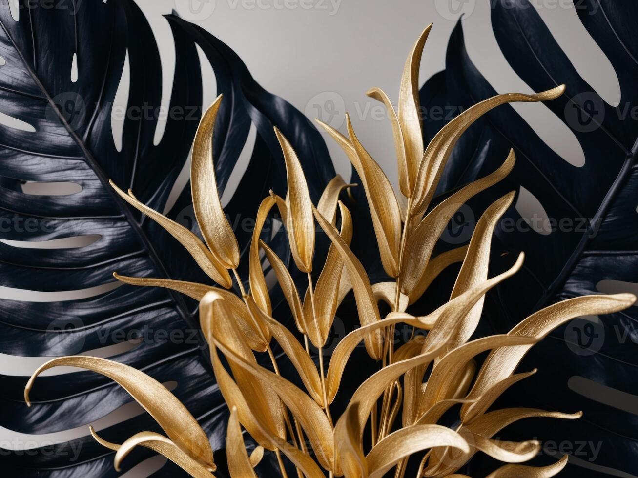 A vase with gold leaves and black leaves photo