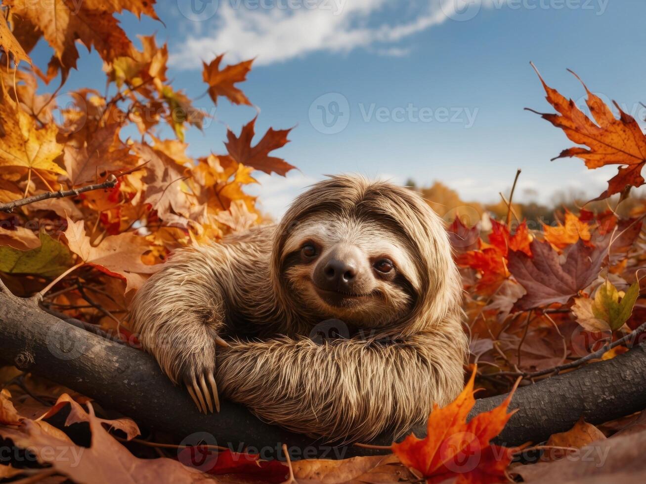 A sloth sits on a branch surrounded by fall leaves photo