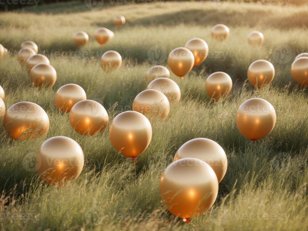 Golden balloons in a field of grass photo