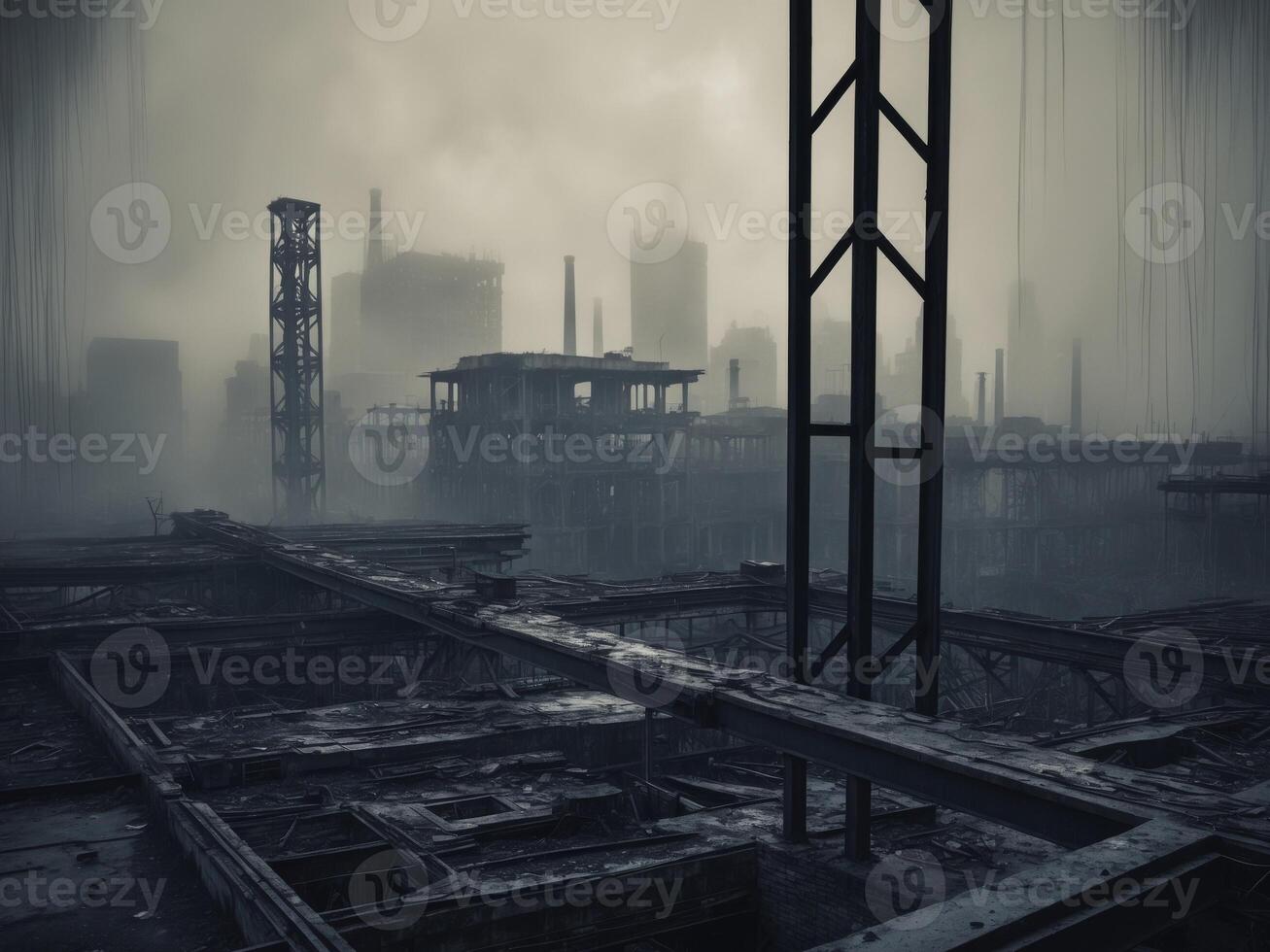 A dark and gloomy cityscape with a lot of construction photo