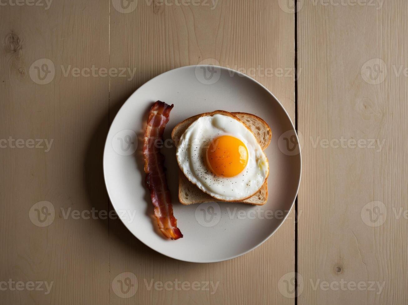 A plate with an egg, bacon and toast photo