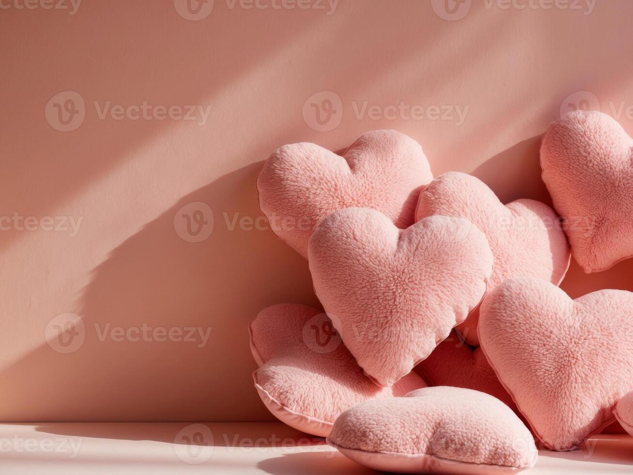 A pile of pink heart shaped pillows on a white surface photo