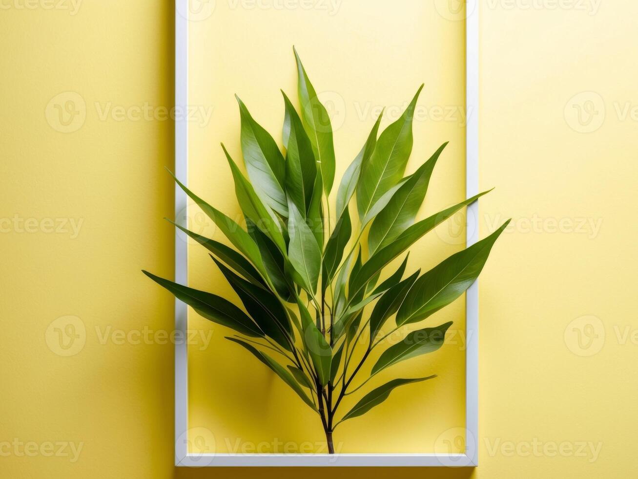 Green plant in white frame on yellow background photo