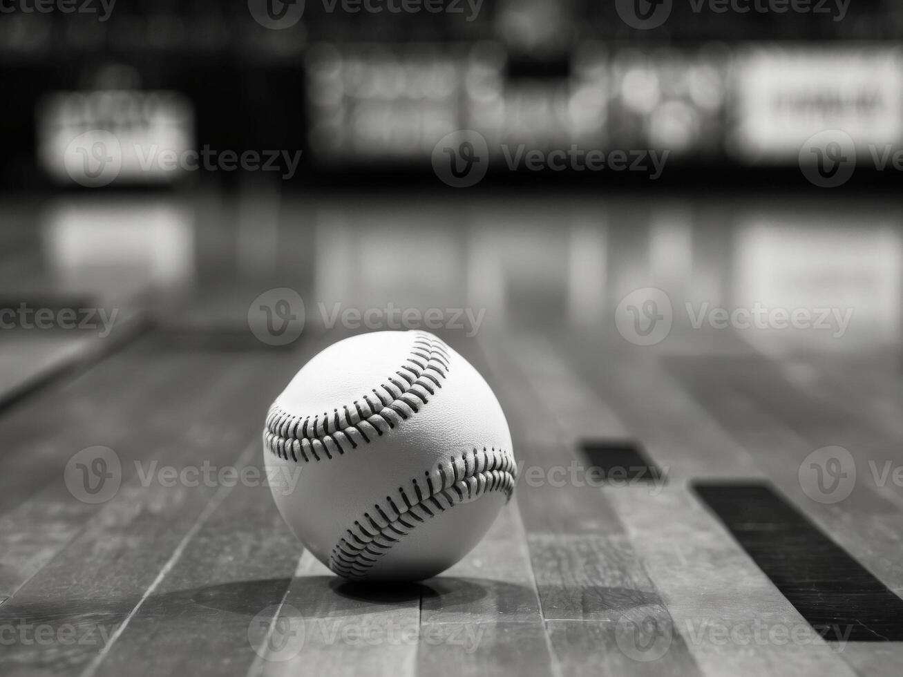 A black and white photo of a baseball on the floor