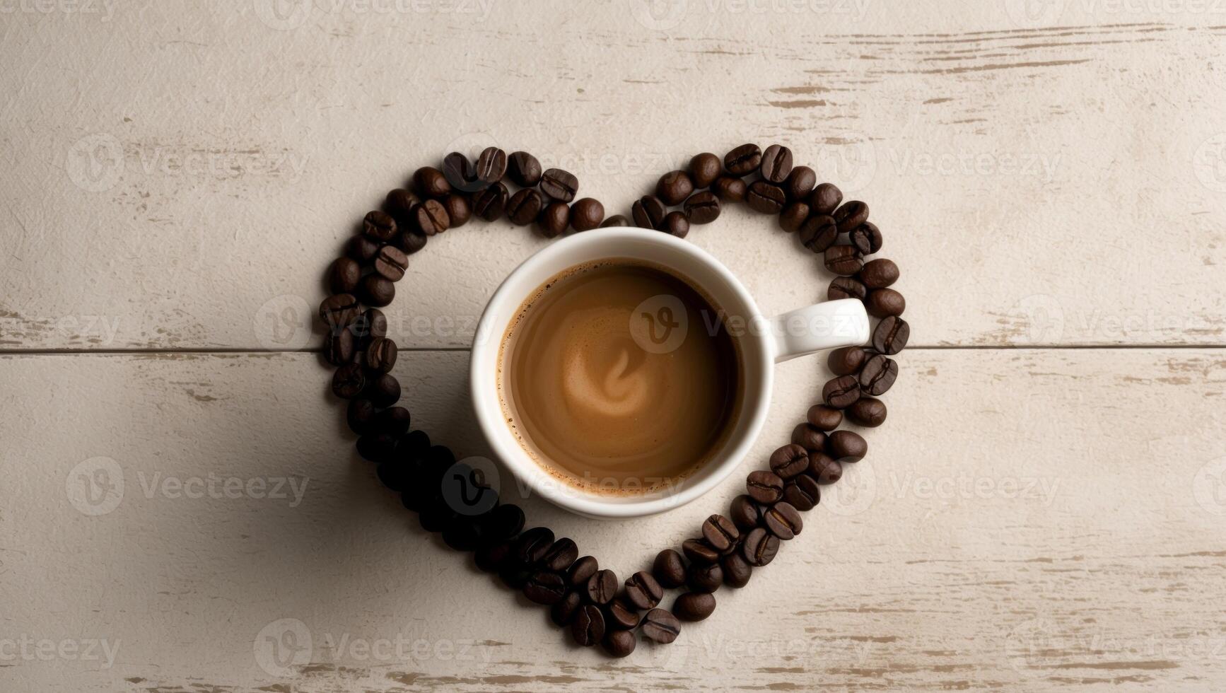 Coffee beans in heart shape on wooden background photo