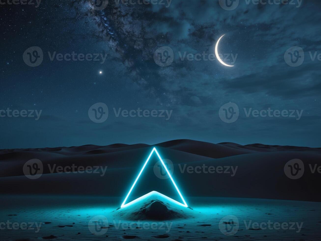 A neon sign in the desert with a crescent moon photo