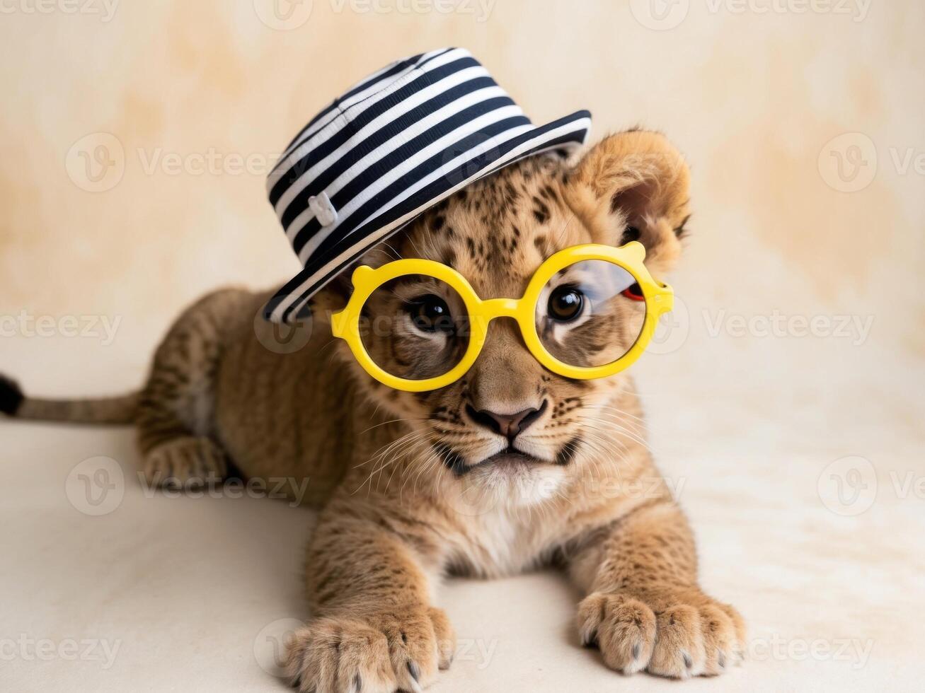 A lion cub wearing a hat and sunglasses photo