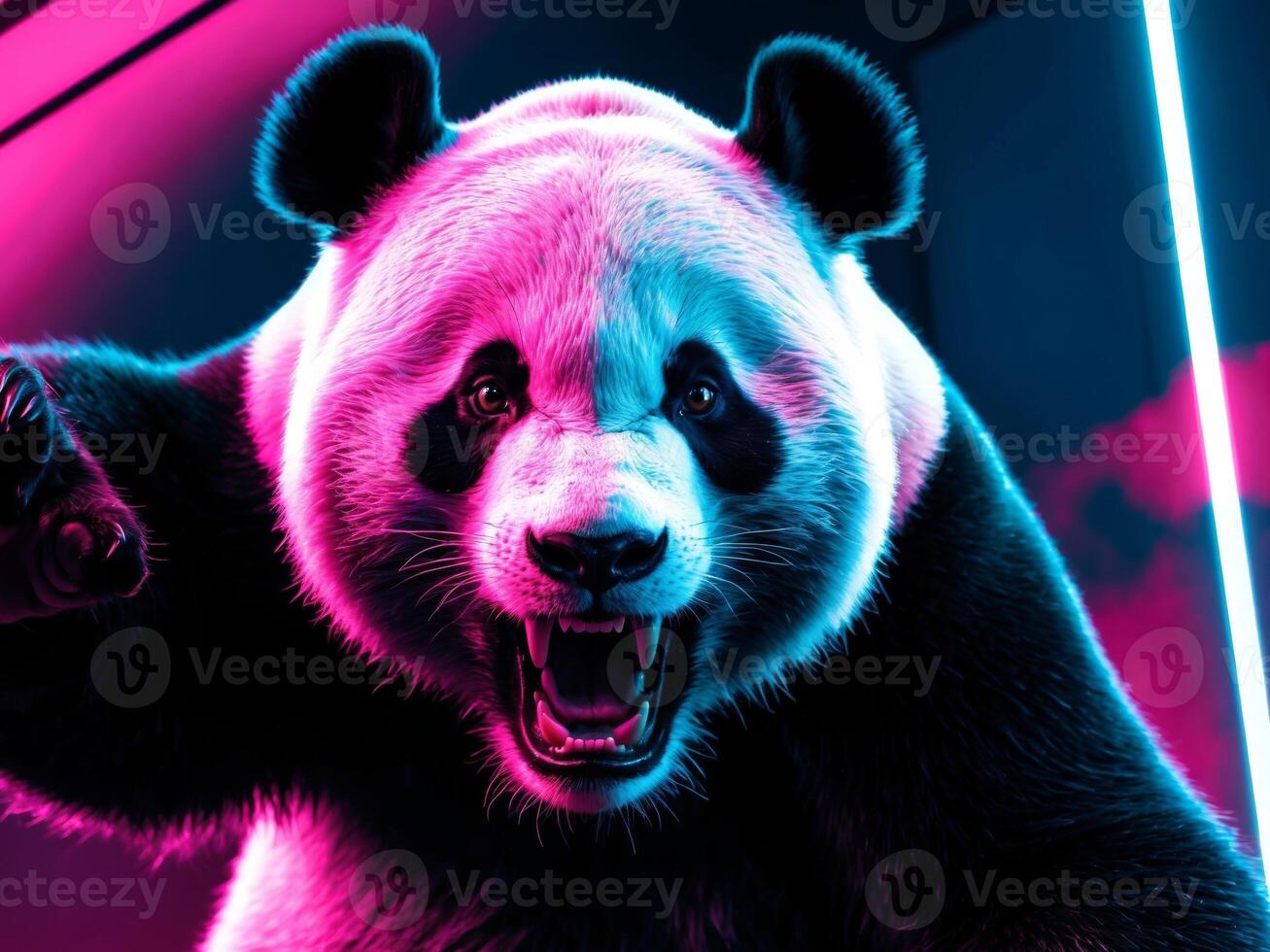 A panda bear is holding a gun in front of a neon sign photo
