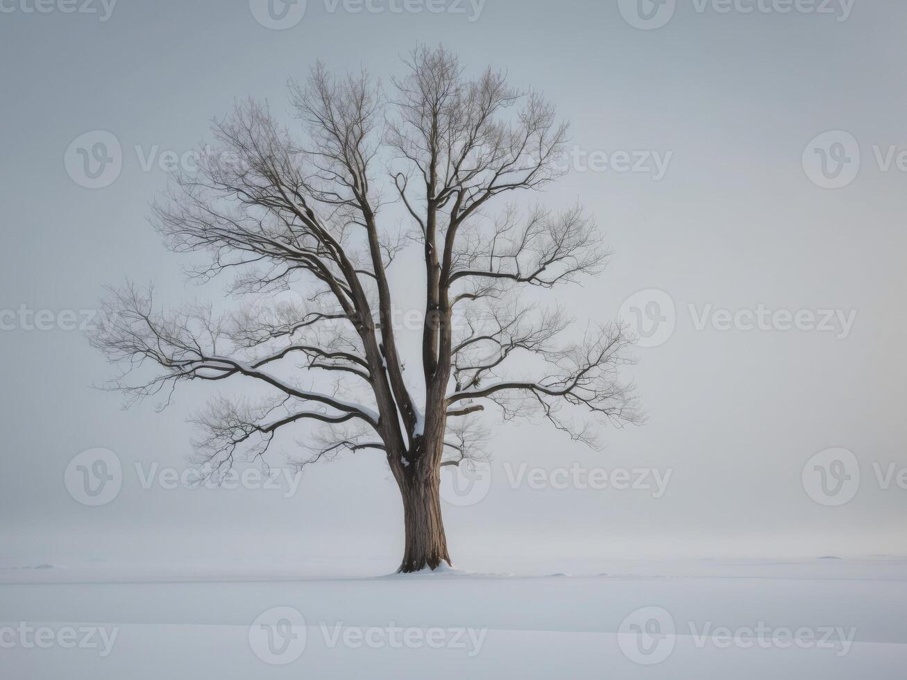 A lone tree stands in the middle of a snowy field photo