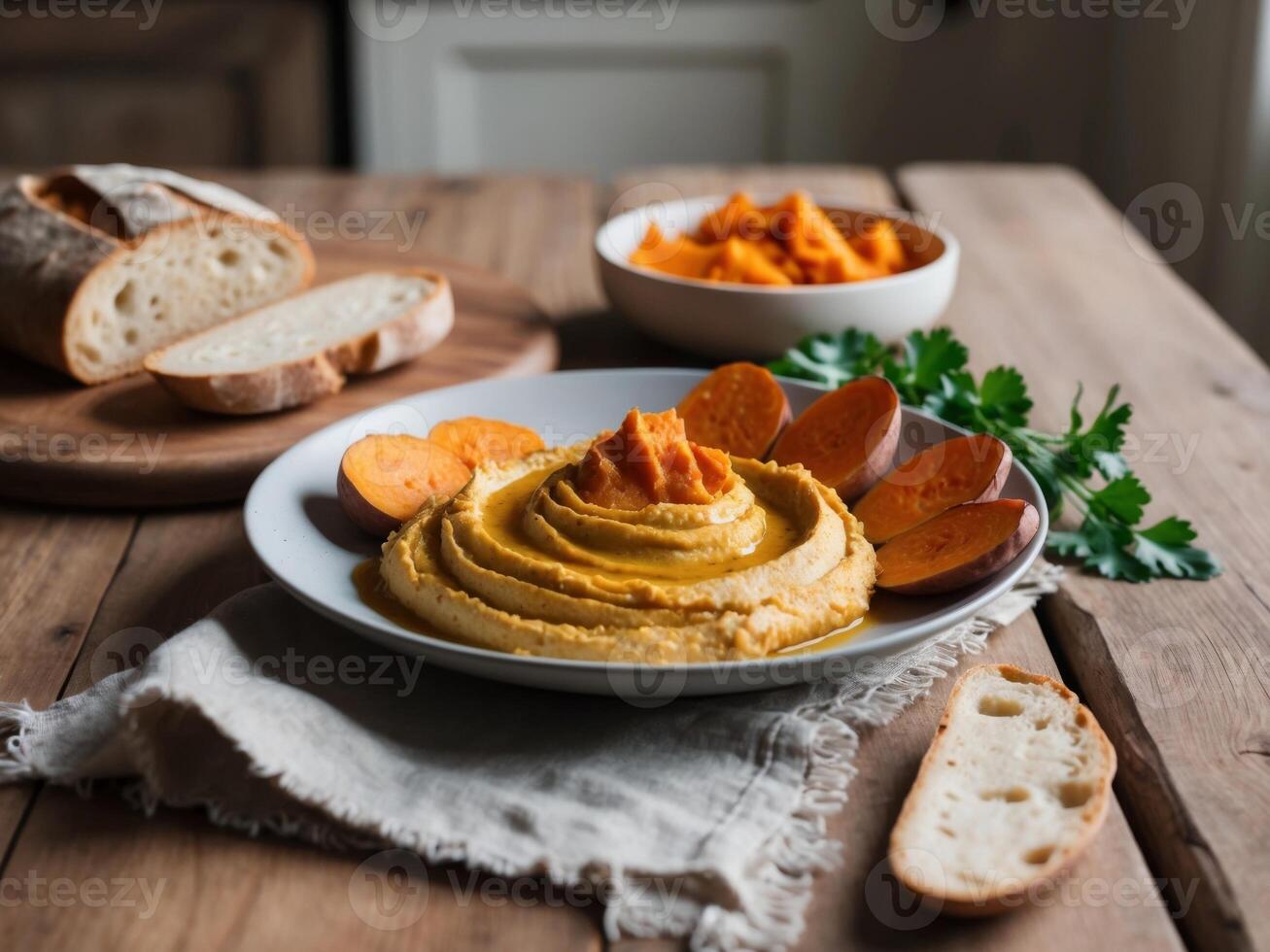 Sweet potato hummus with bread photo