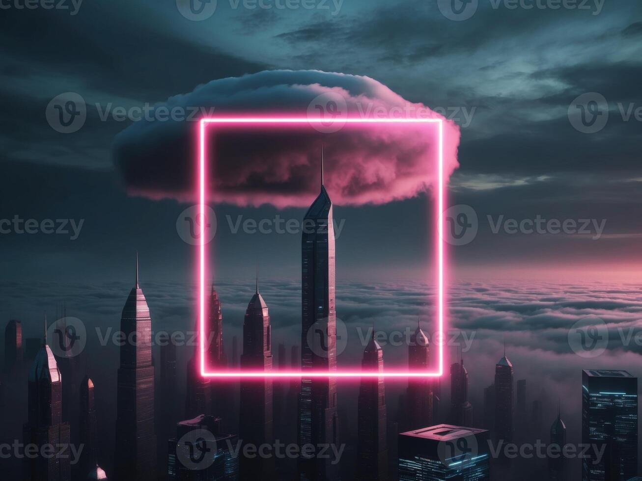 A pink neon sign in front of a city with a cloud over it photo