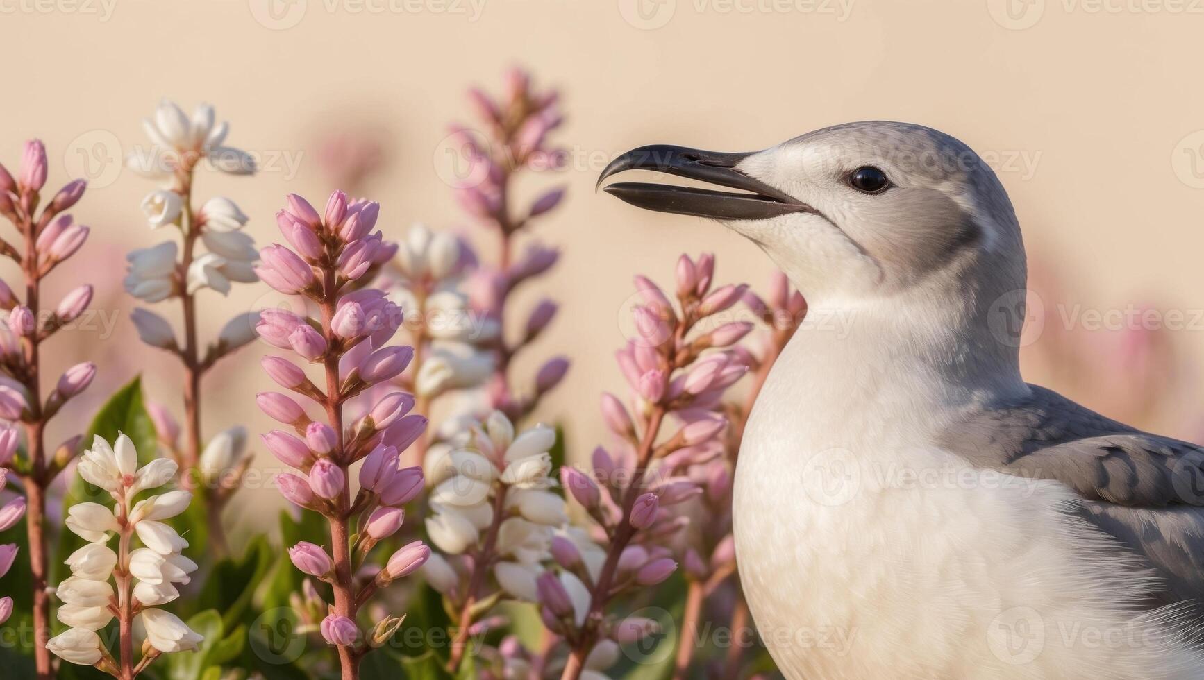 A seagull is standing in front of some flowers photo