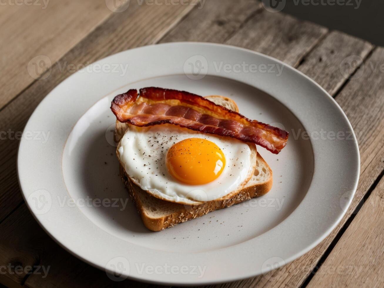 A plate with an egg and bacon on it photo